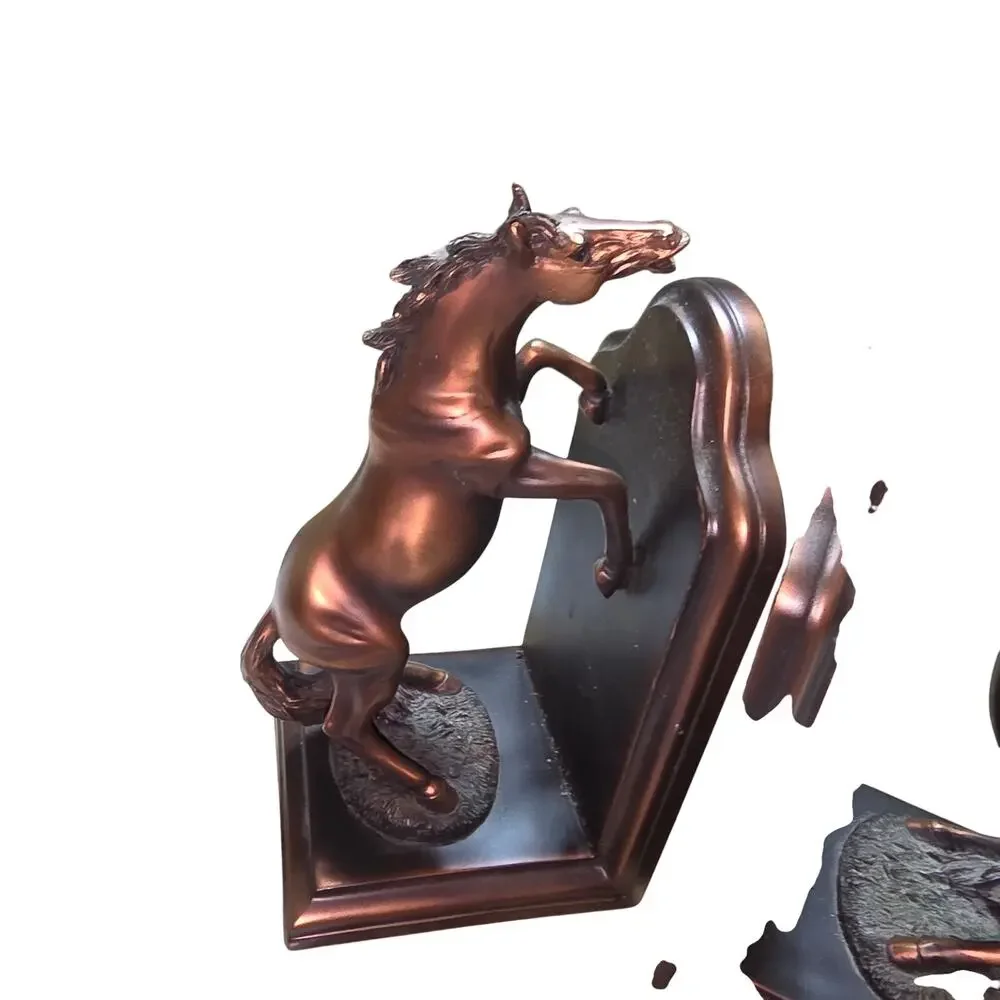 TWO POWER FINE HORSES STANDING BRONZE COLOR HEAVY-DUTY BOOKENDS